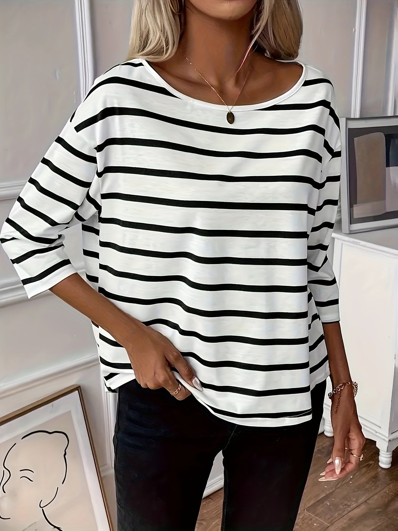 Daelith | Gestreept gebreid dames T-shirt - 3/4 mouwen, casual lichtgewicht top