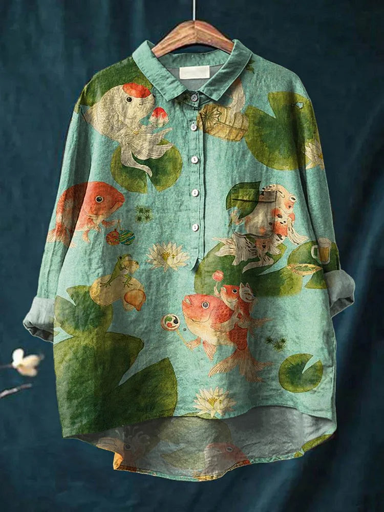 Elza | Oversized Damesshirt met Hondenkunst print - Lange Mouw Katoenen Casual Blouse
