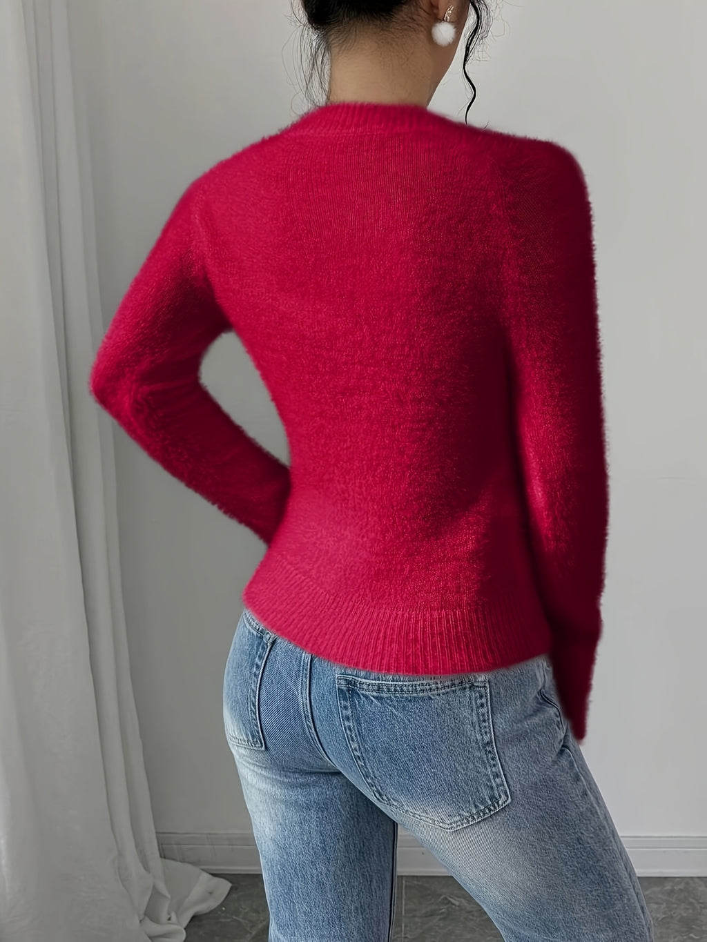 Nadine | Warme dames fleece trui - Fuzzy gebreide ronde hals top in effen kleur