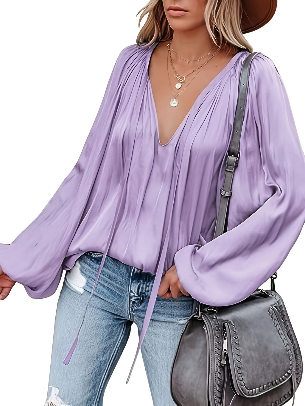 Vaiana | Women's Satin V-Neck Blouse with Lantern Sleeves - Elegant, Loose-Fitting, Dressy Top