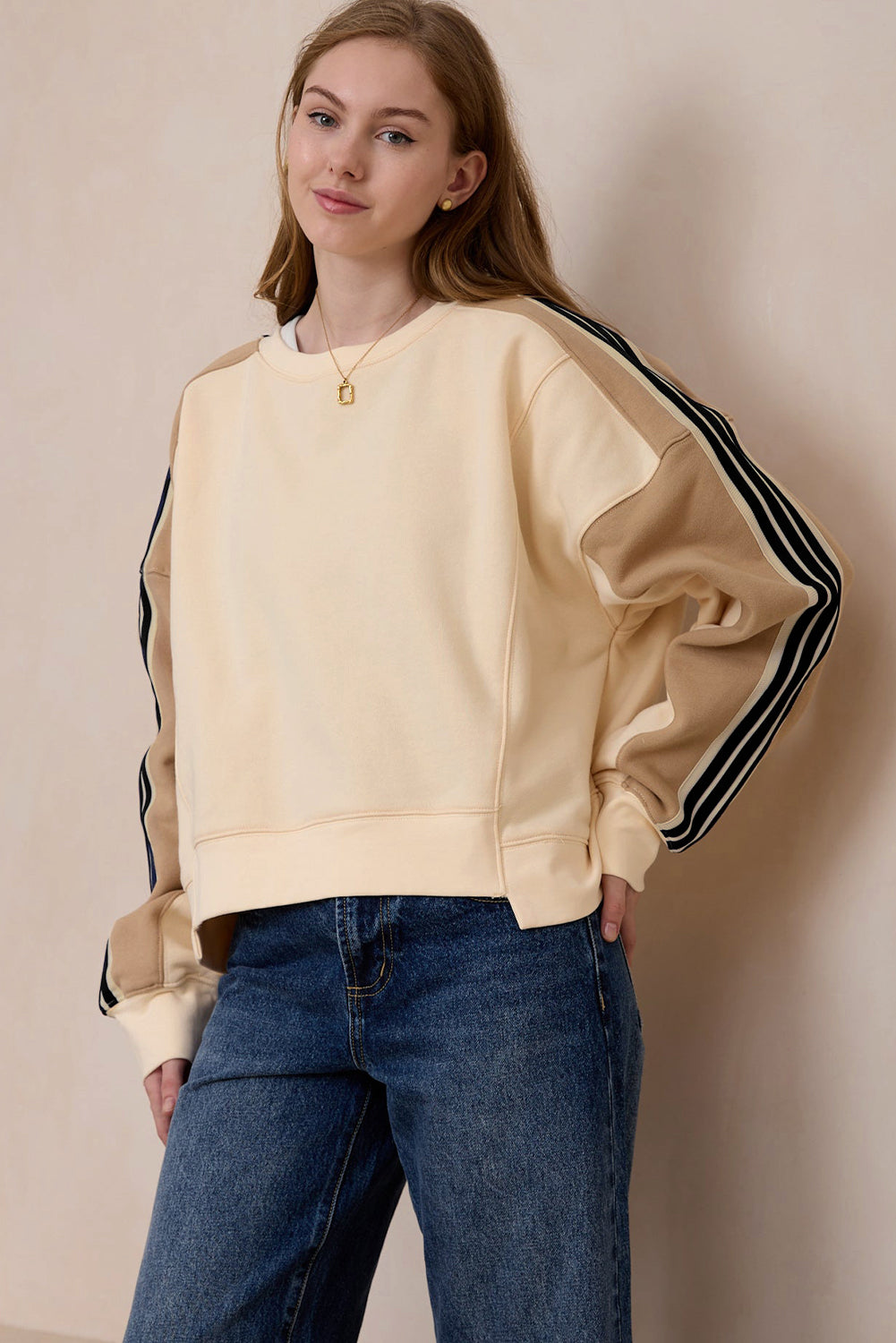 Amira | Sweat-shirt ample à rayures beiges patchwork pour femme