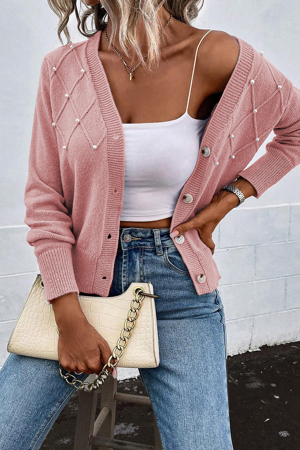 Crescenda | Elegant Cashmere Cardigan met Parel – Dames Herfst/Winter Luxe Vest