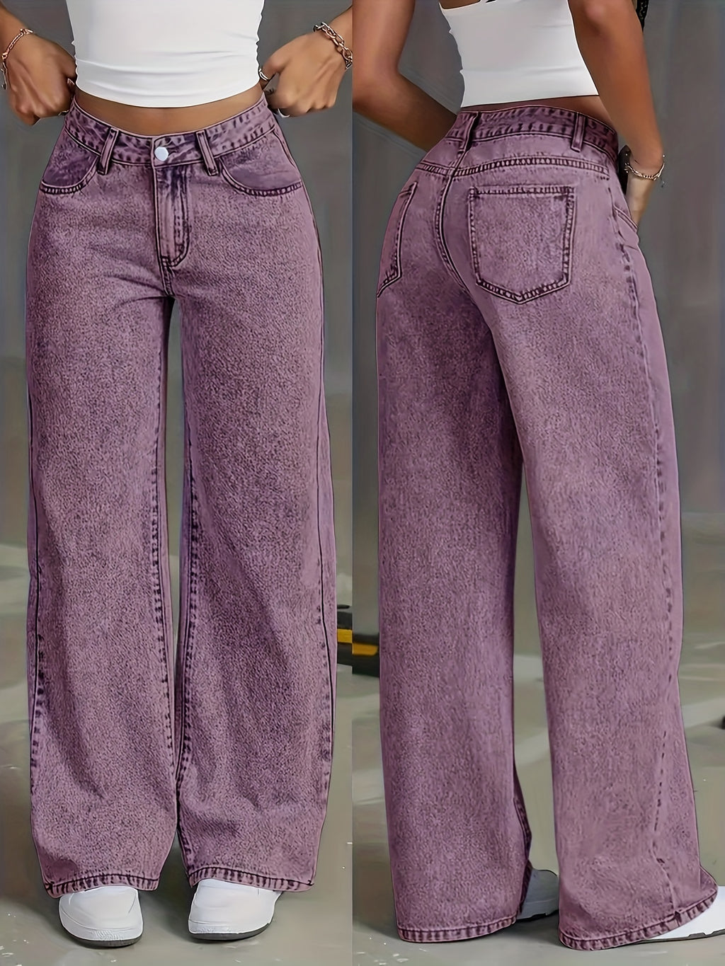 Viridia | Hoge taille stretch jeans voor dames – Losse acid wash rechte en wijde pijpen, buikcontrole, zakken