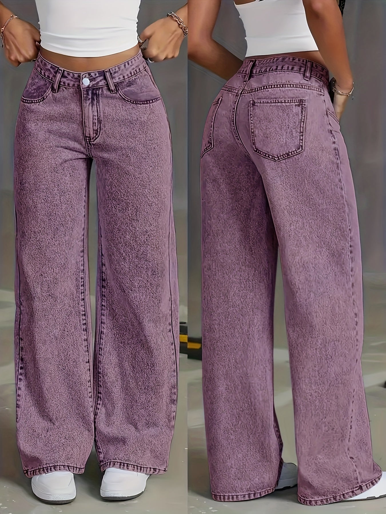 Viridia | Hoge taille stretch jeans voor dames – Losse acid wash rechte en wijde pijpen, buikcontrole, zakken