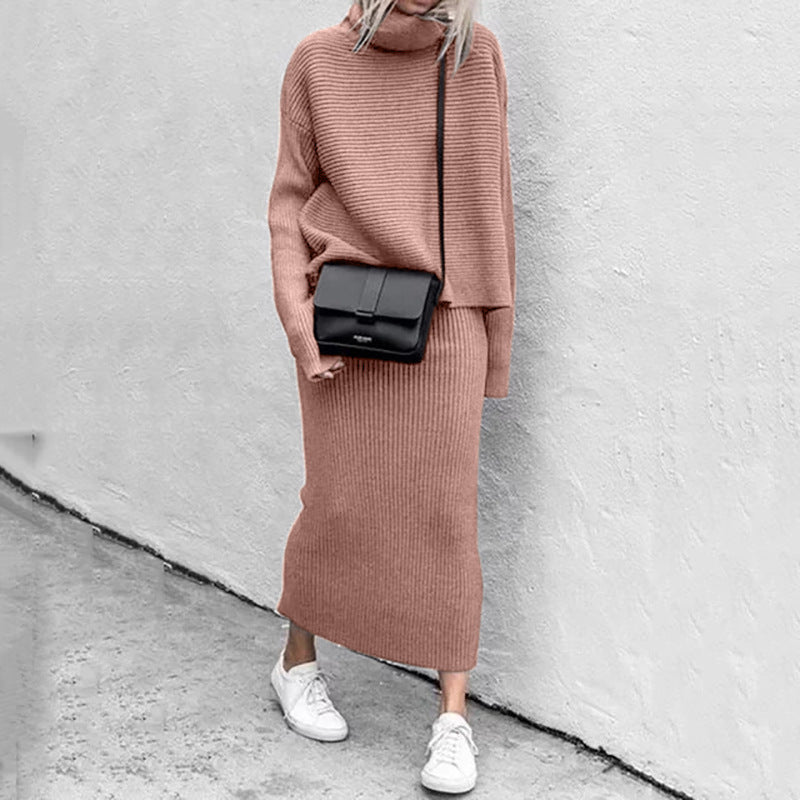 Sybilla | Knitted Two-Piece Women's Set - Long Sleeve Top and High Neck Skirt