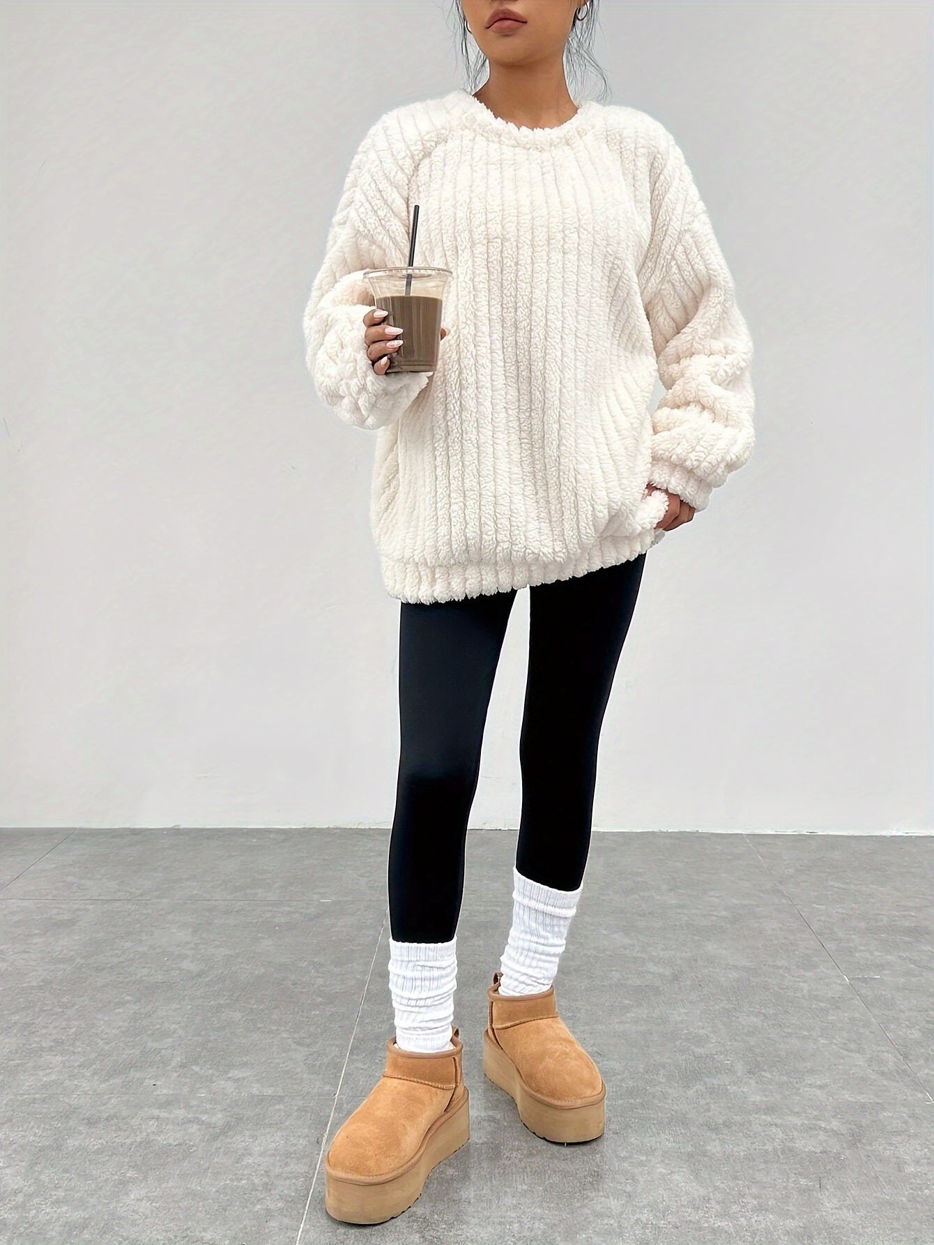 Delyse | Dames Trui met getextureerde teddyprint en ronde hals - Herfst Winter Casual Lange Mouwen