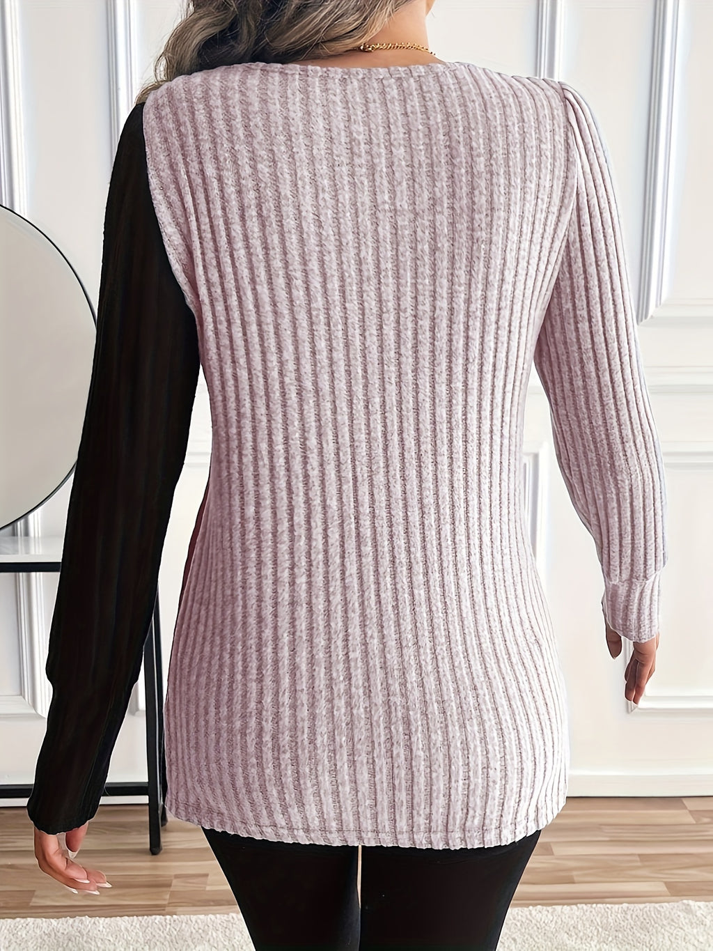 Arjeta | Dames Casual Lange Mouw Top met Vierkante Hals, Asymmetrisch Kleurblok Ontwerp