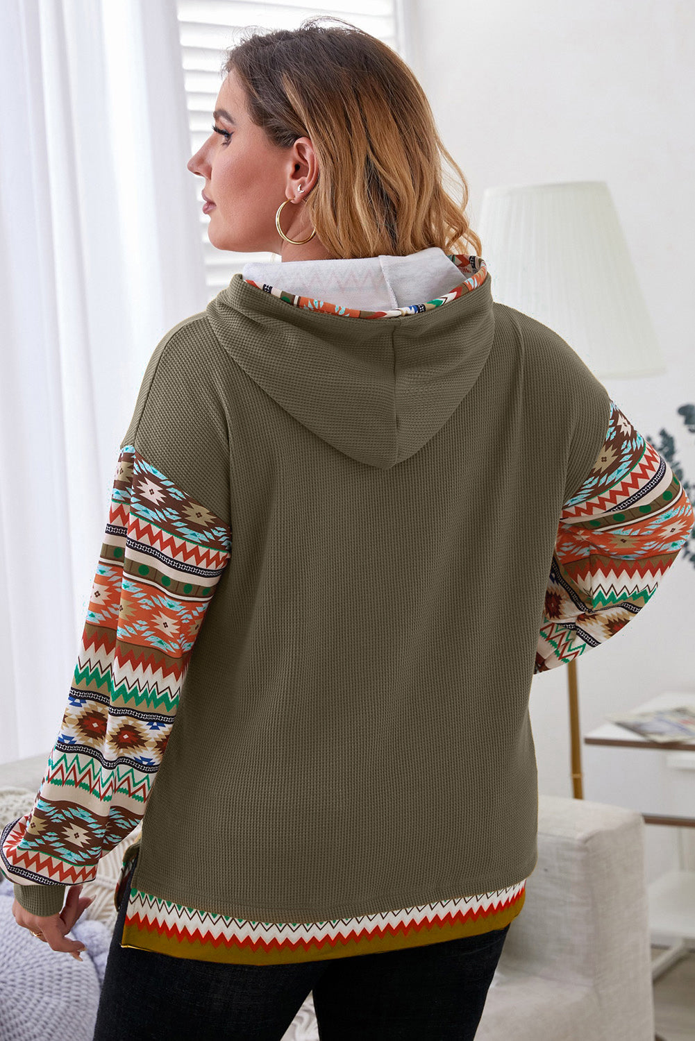 Siyana | Azteekse patchwork wafelhoodie met trekkoord en lange mouwen voor dames