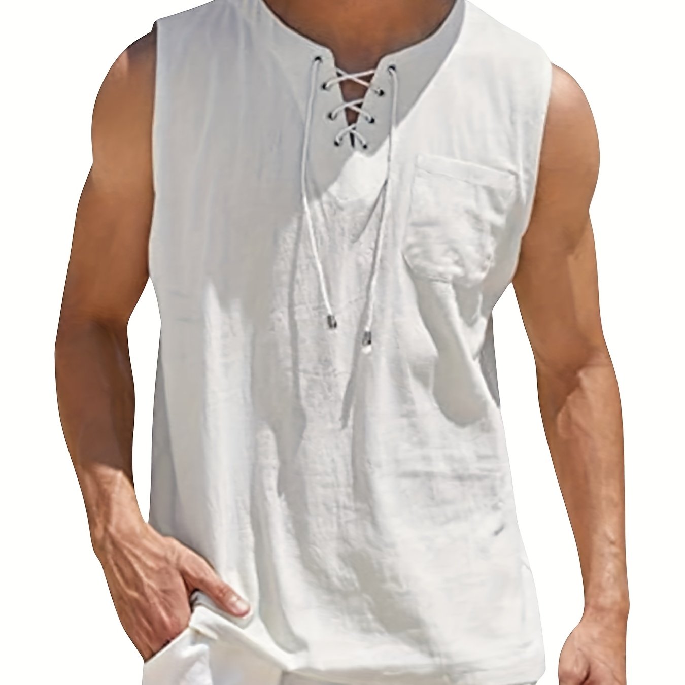 Morten | Katoenen linnen mouwloze V-hals tanktop voor heren - lichtgewicht zomershirt