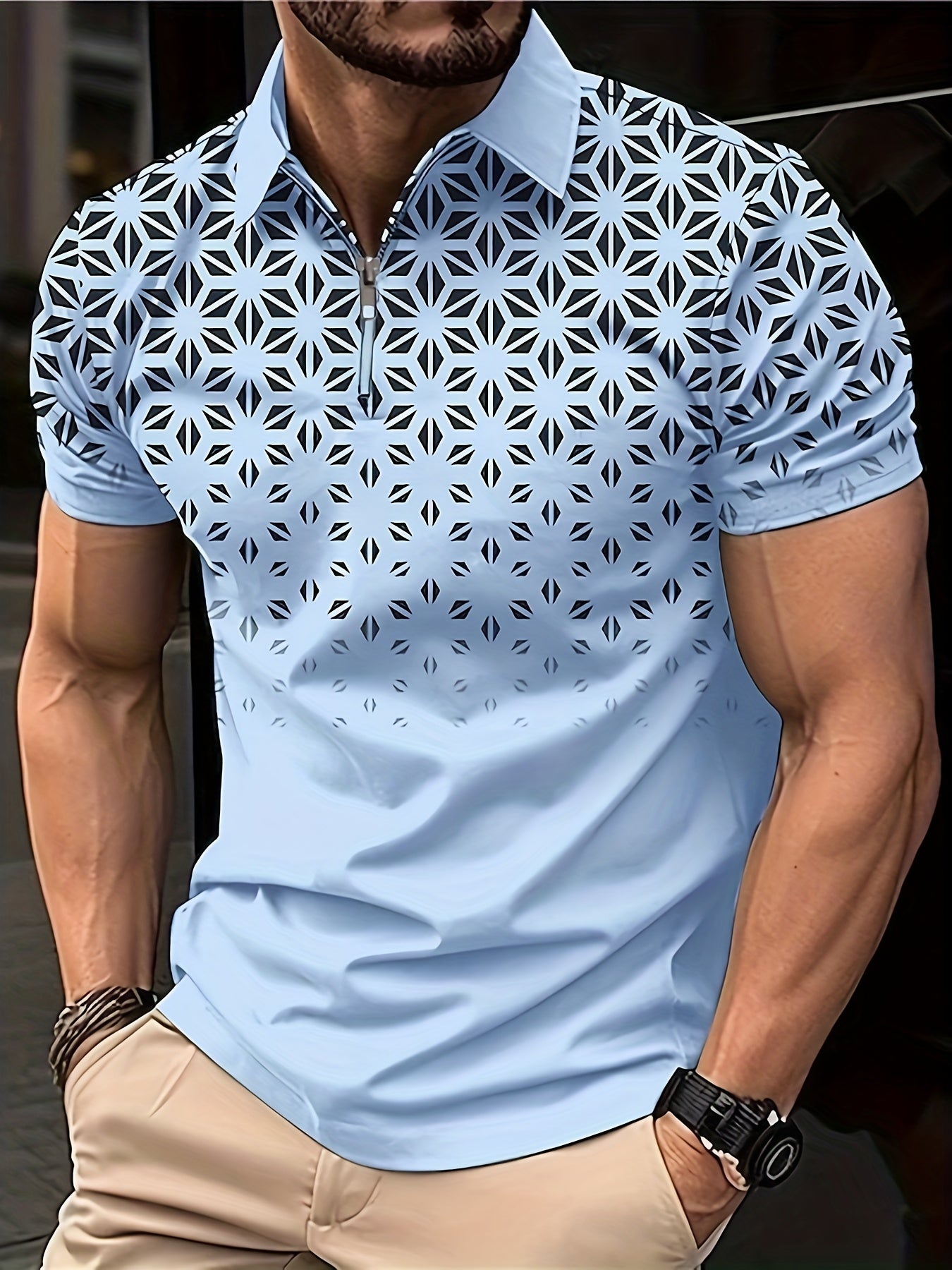 Waldred | Polo zippé géométrique pour homme - Respirant, extensible, manches courtes, coupe décontractée