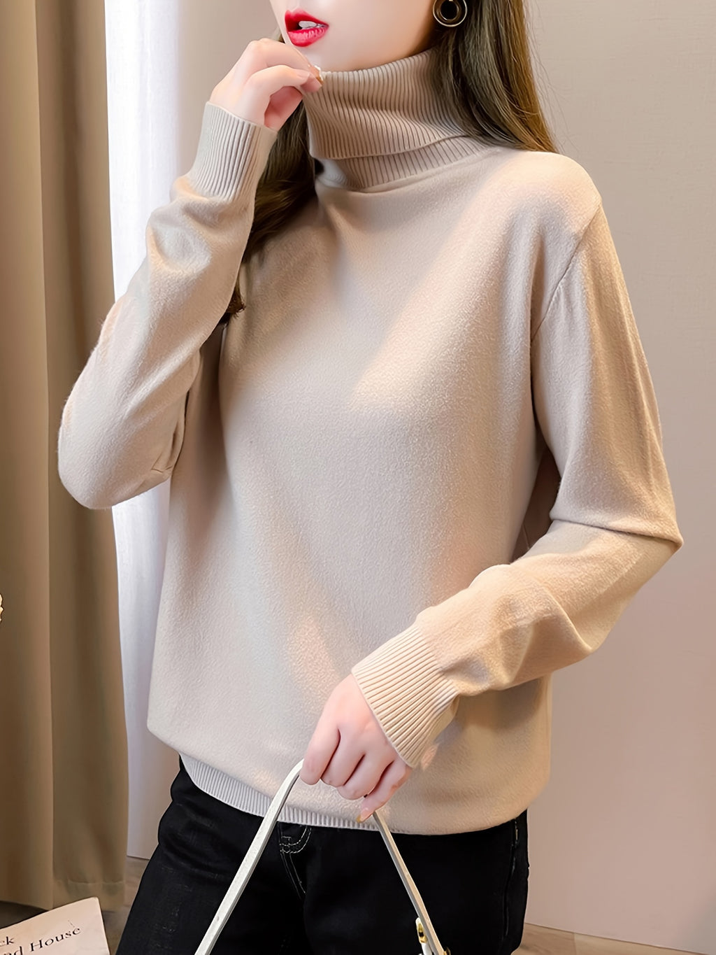 Amaranth | Effen gebreide dames trui met schildpadhals - Elegante trui met lange mouwen