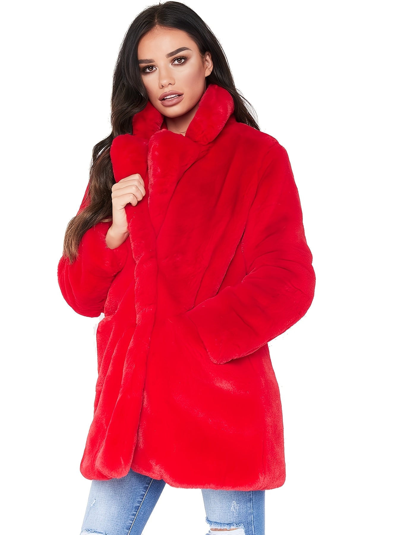 Zerlina | Elegant mid-length faux fur coat for women - concealed button fastening, with pockets