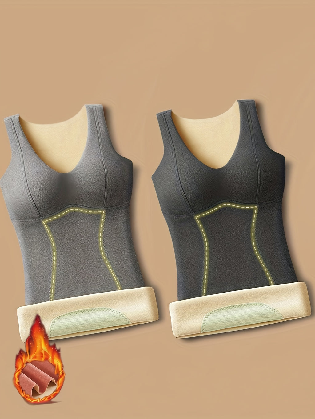 Dionne | 2 stuks Naadloze, met fleece gevoerde, thermische damestops met ingebouwde bh - Slim Fit, ronde hals