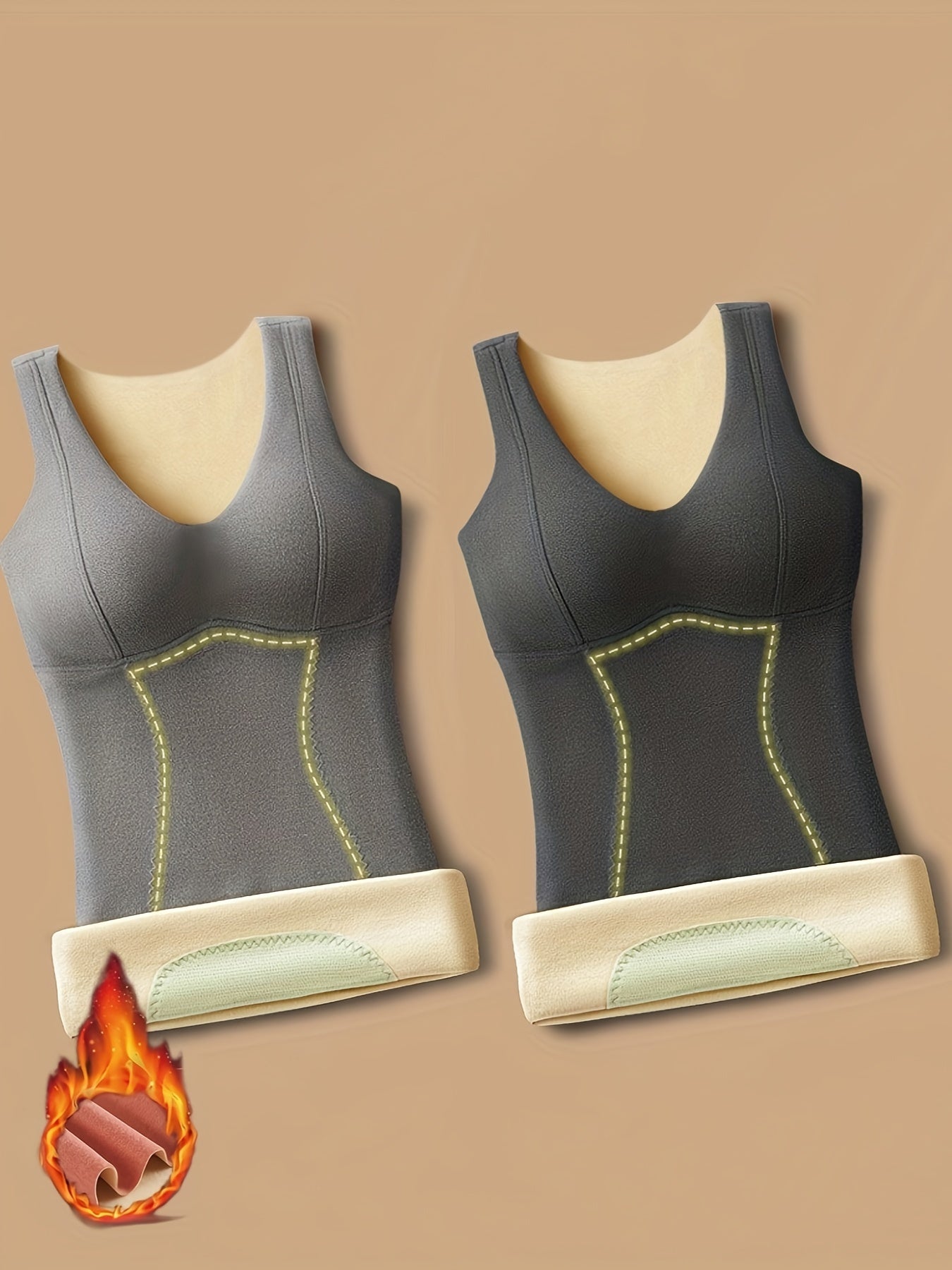 Dionne | 2 stuks Naadloze, met fleece gevoerde, thermische damestops met ingebouwde bh - Slim Fit, ronde hals