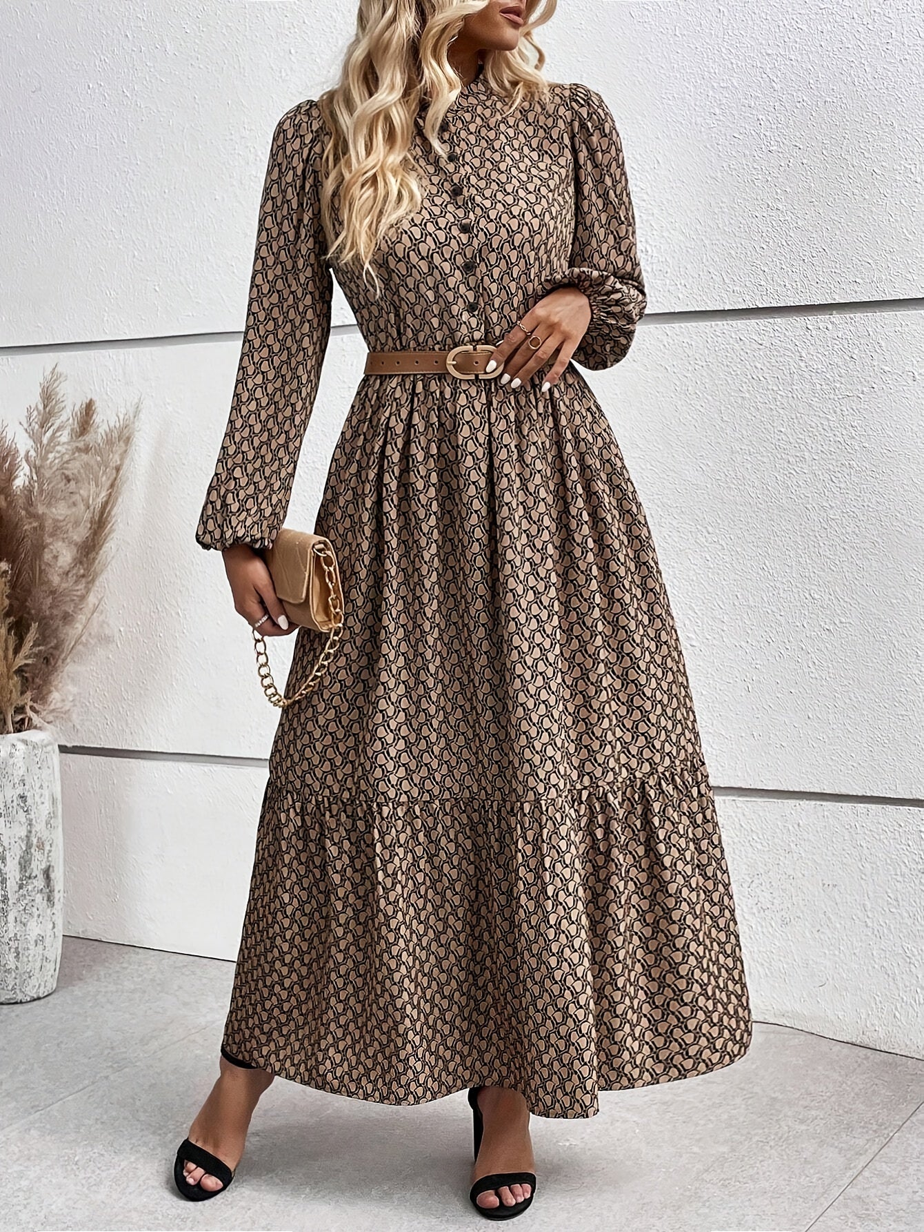 Luciana | All-over Print Button-Front Dress, Elegant Lantern Sleeve Flowy Dress for Women