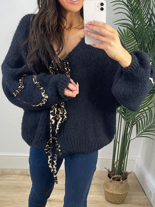 Eliana | Loose warm women's cardigan with sweater, leopard print with bow closure, casual long-sleeved knit