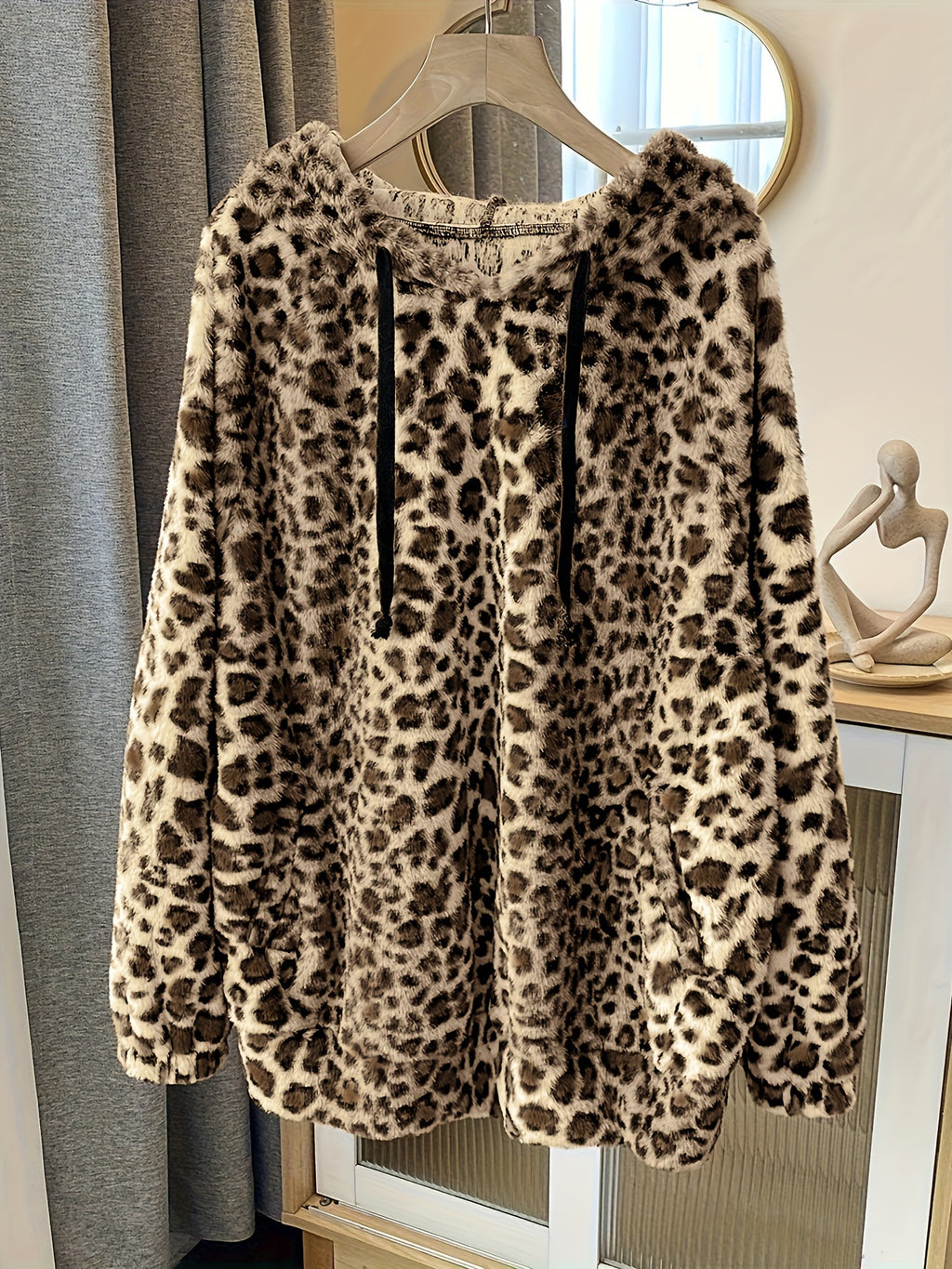 Claribel | Plus size fuzzy luipaardprint capuchon met koord - Casual Herfst/Winter Sweatshirt