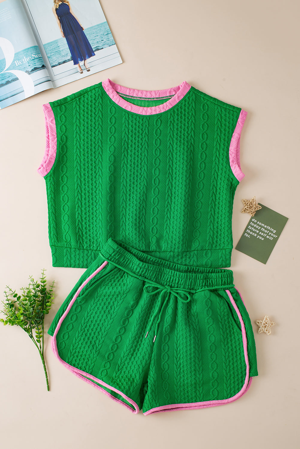 Chanda | Casual Trim Kabel Getextureerde Shorts Set