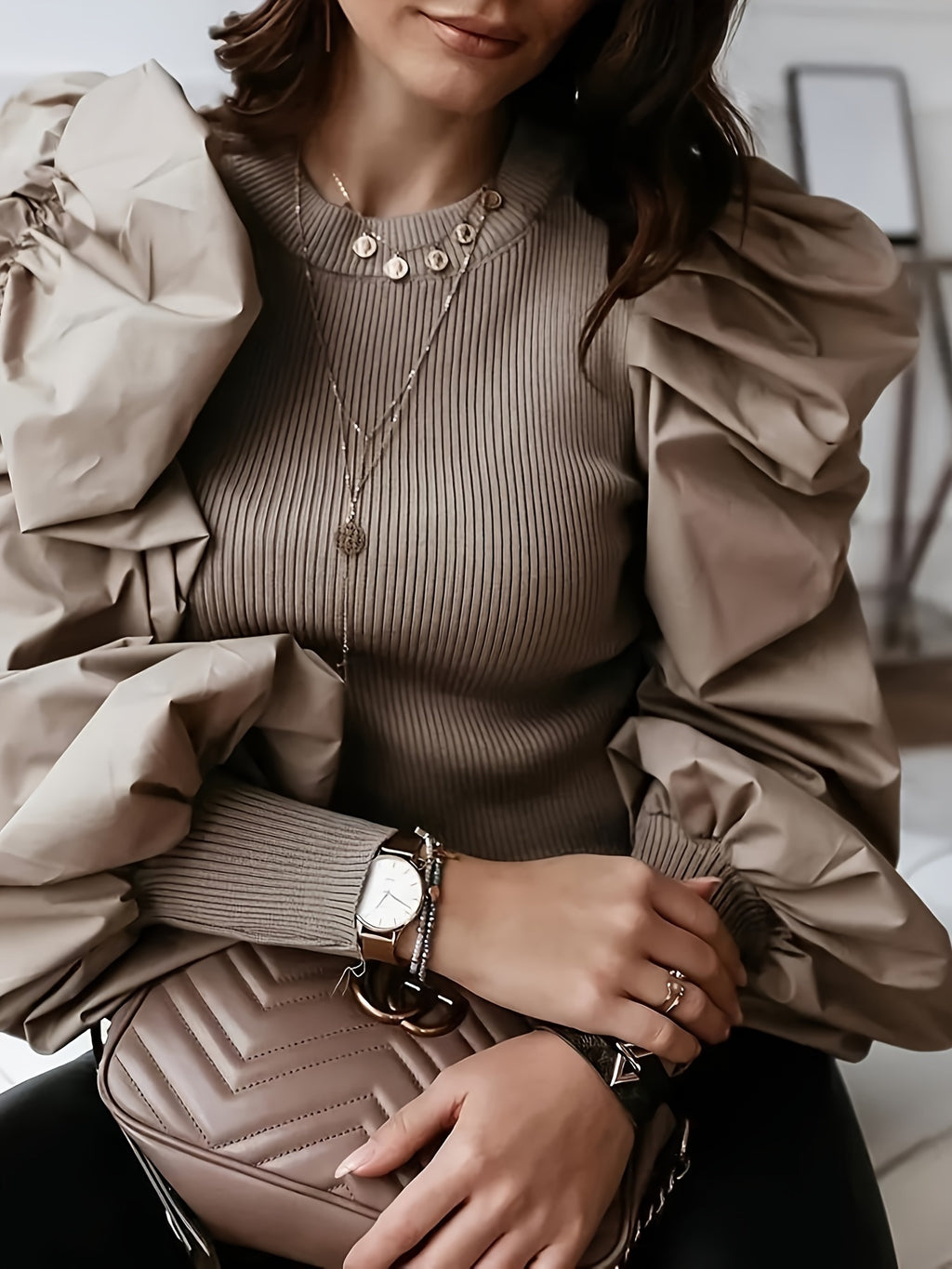 Valindra | Elegant Solid Ribbed Crew Neck Blouse with Puff Sleeves