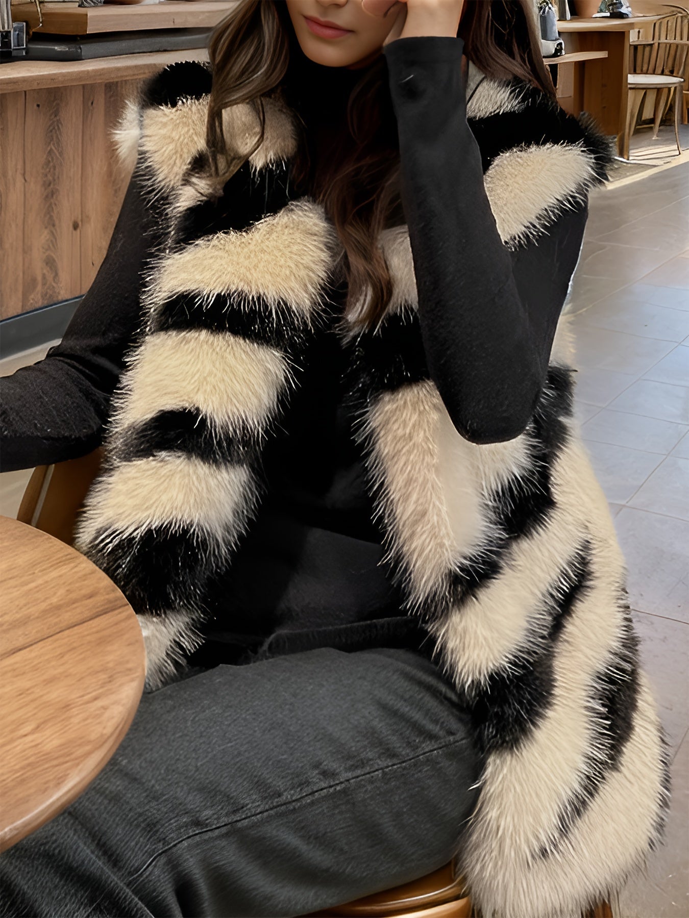 Lisbeth |  Zwart en wit gestreept bont open mouwloos vest voor dames - elegante lichtgewicht laag