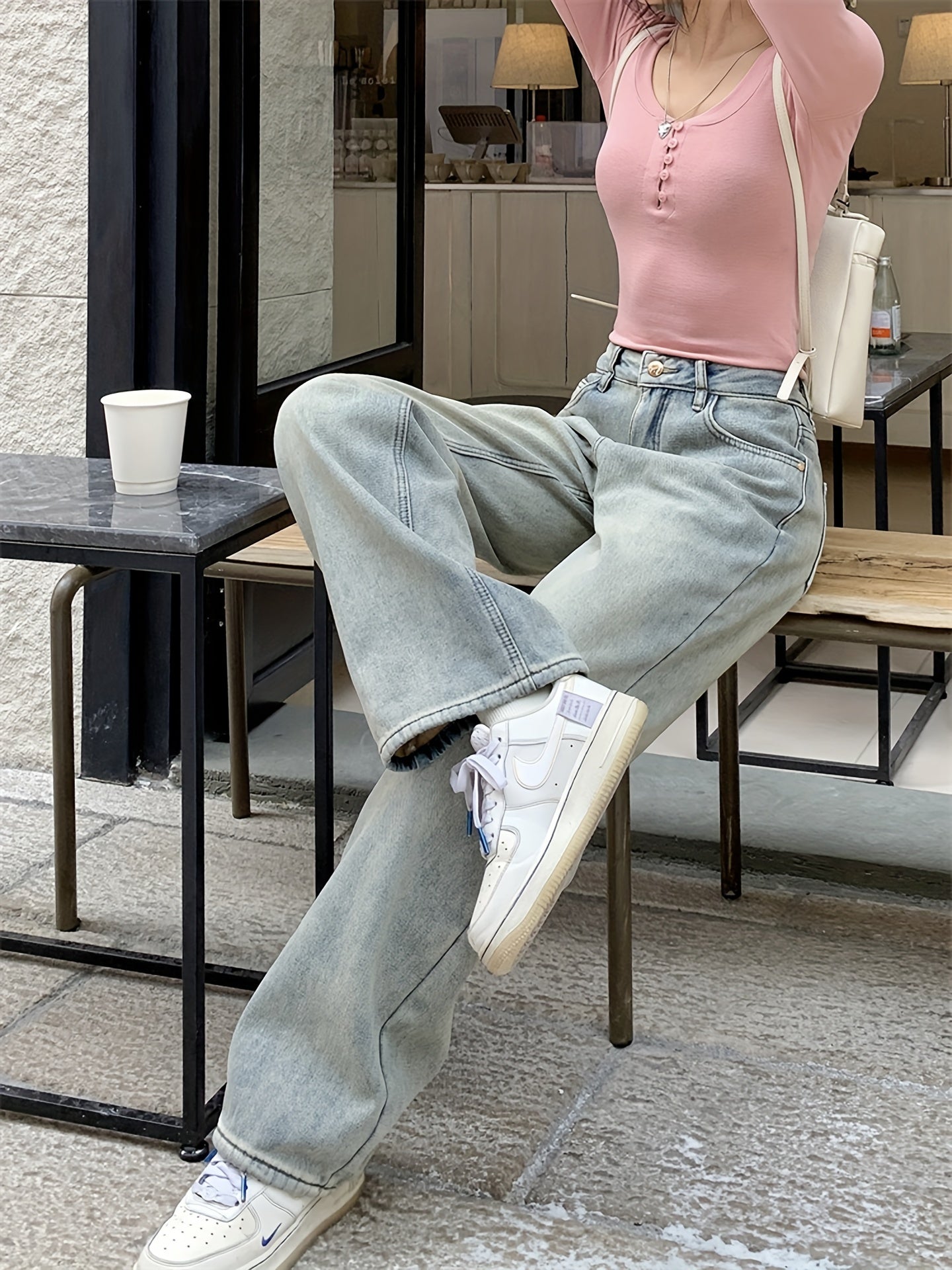 Nyra | Rechte damesjeans met fleece voering, Casual wijde pijp zonder stretch denim
