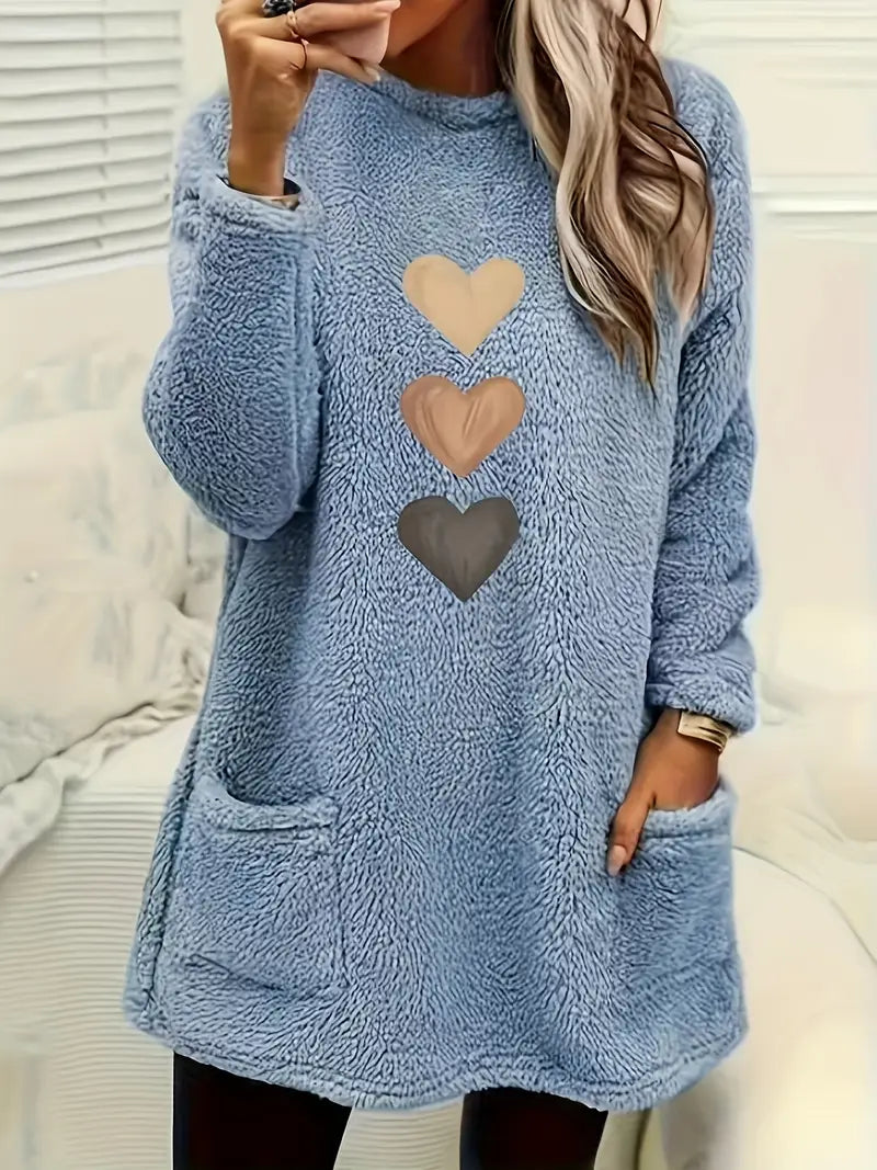 Gevina | Kleurrijk fleece sweatshirt met hartjes en zakken – Comfortabele wintertrui, zachte casual top