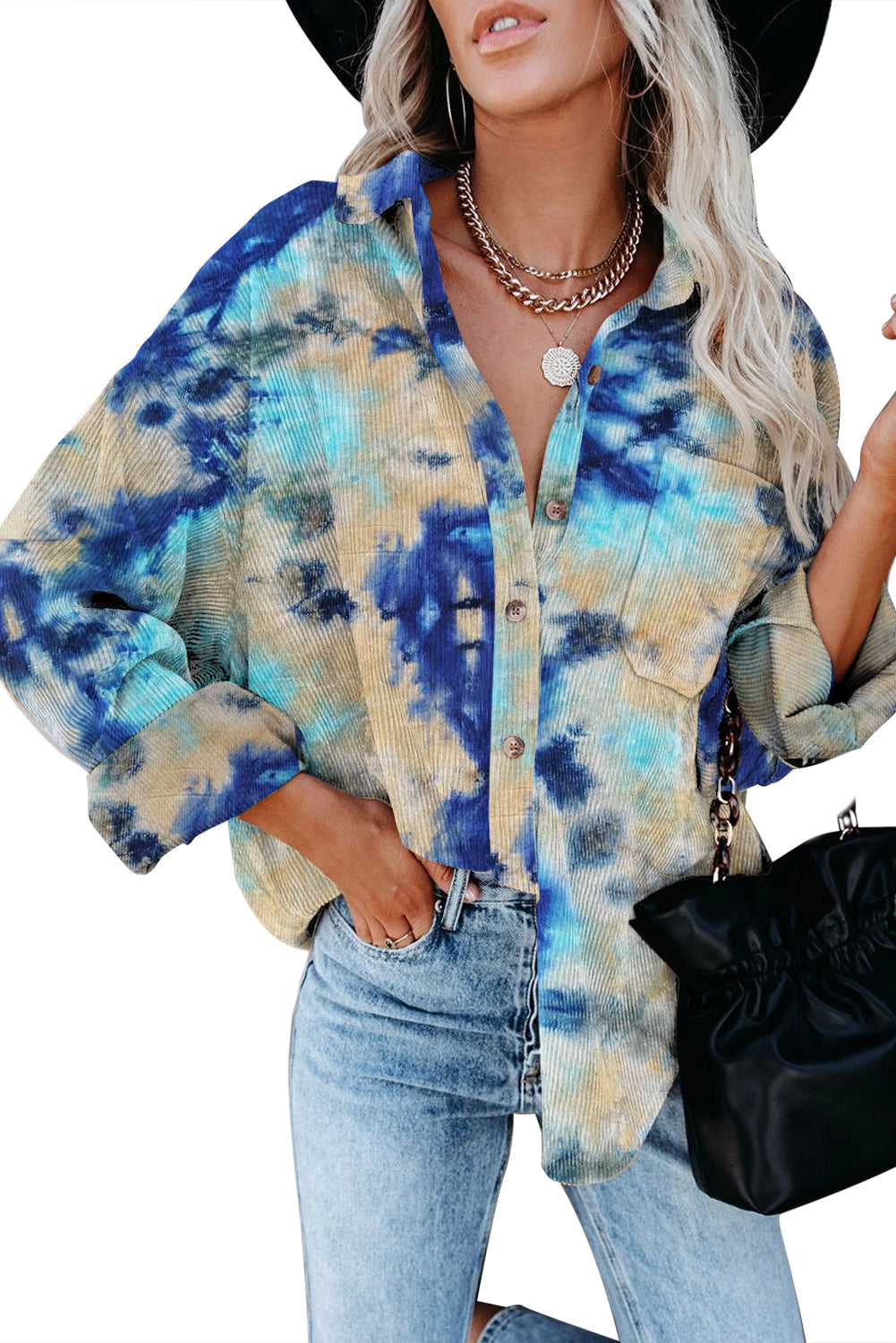 Delyra | Women's tie-dye corduroy shirt - Oversized, Long sleeves, Button closure - casual top