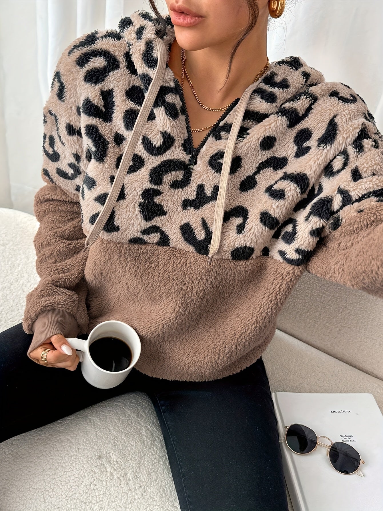 Agatha | Damestrui met luipaardprint - Knus Teddy Pluche Sweatshirt, Polyester Contrast Trui, Casual Gebreide Top met Capuchon