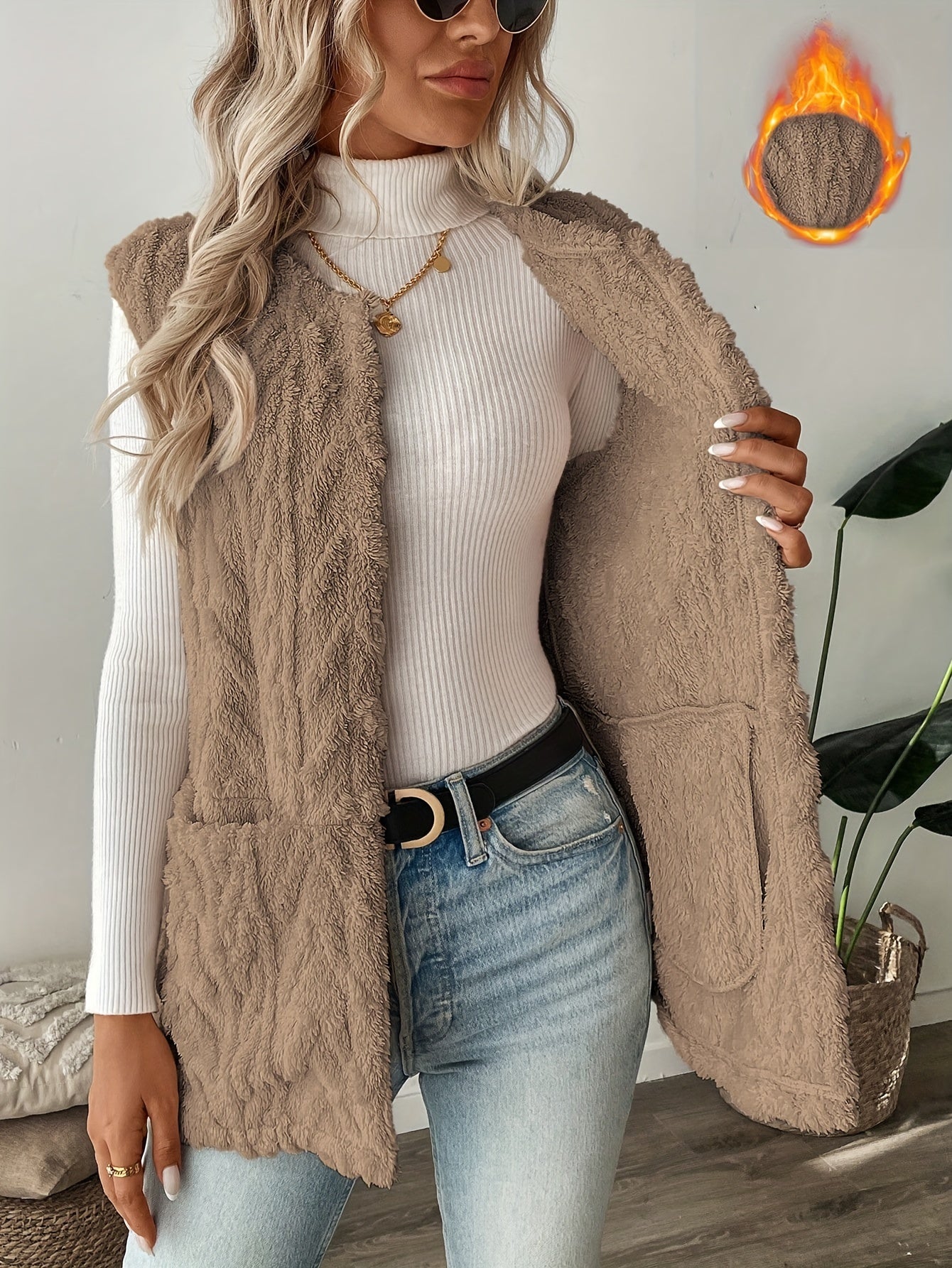 Kalista | Gebreid damesvest zonder mouwen - Warm herfst- en wintervest zonder kraag, gebreid vest met open voorkant