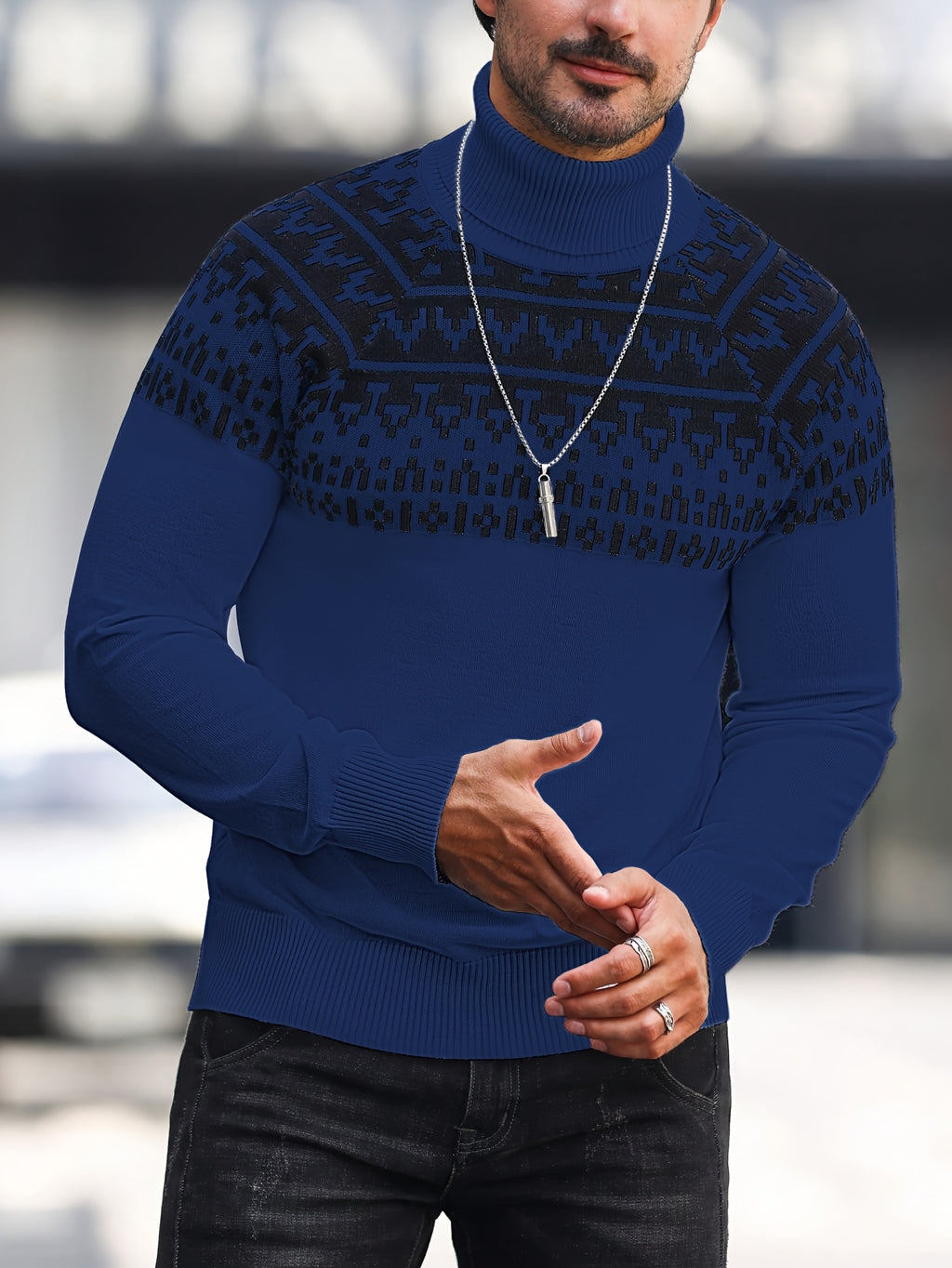 Beckett | Gebreide coltrui met geometrische grafische print, casual trui met lange mouwen voor herfst en winter