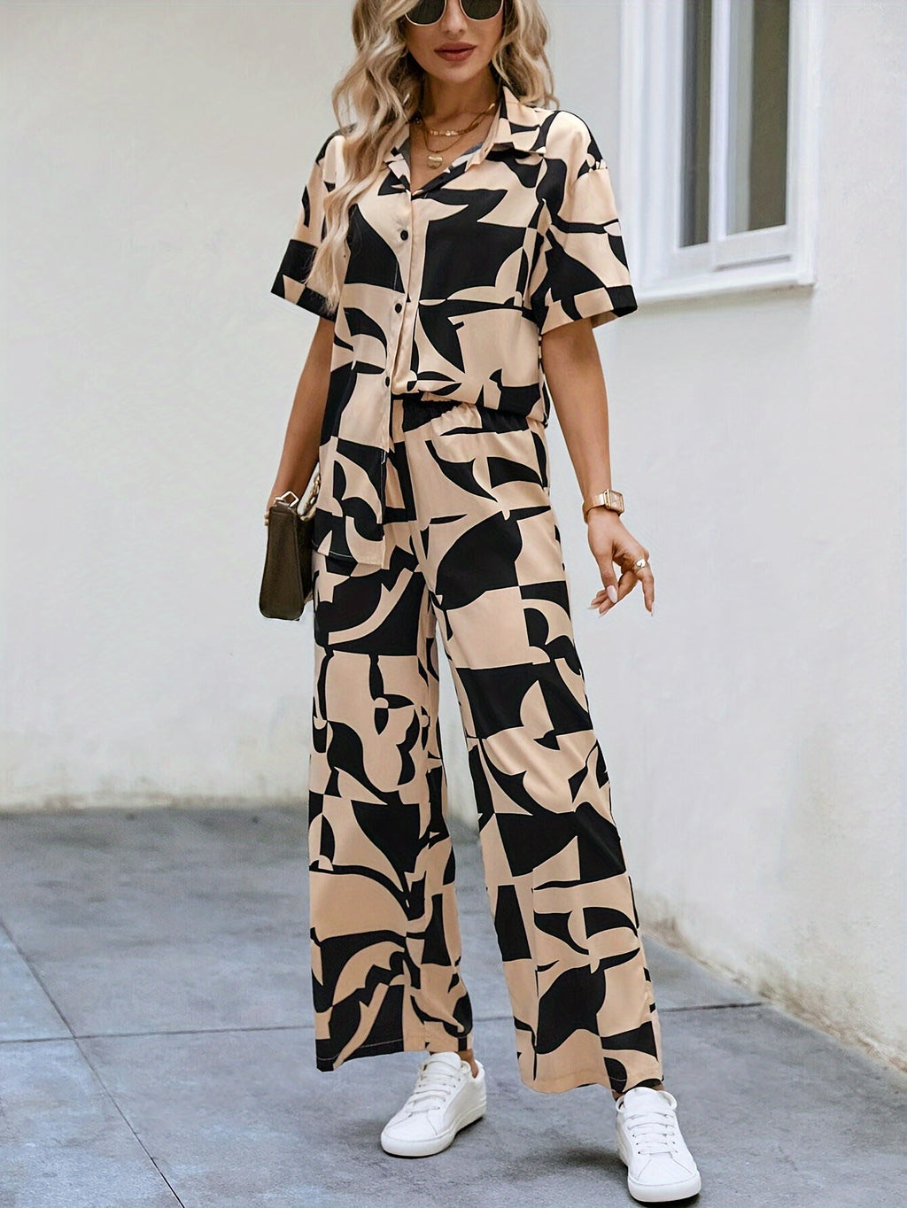 Veyra | Elegant Two-Piece Set with Abstract Print, Button-Up Shirt, and Wide-Leg Pants