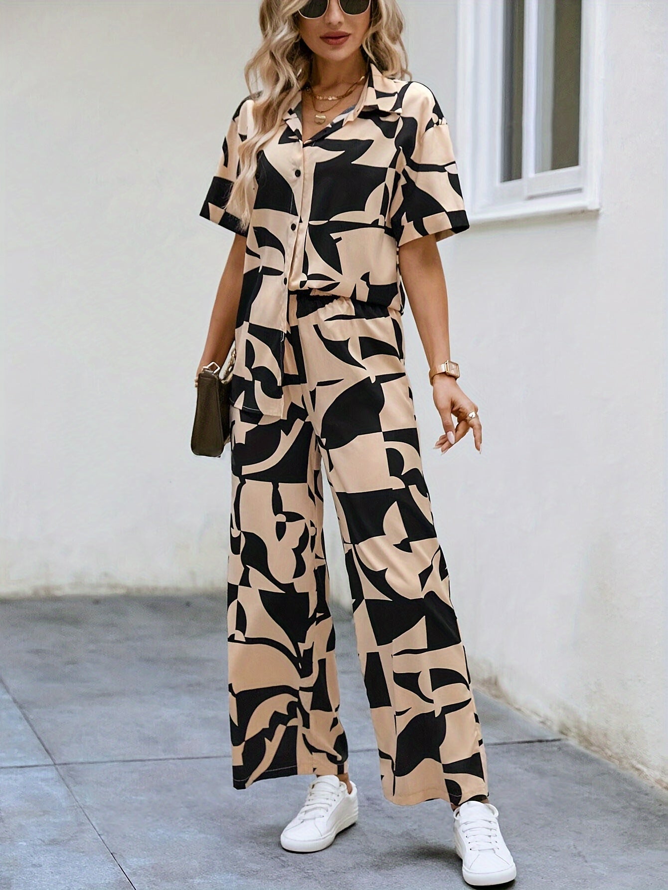 Veyra | Elegant Two-Piece Set with Abstract Print, Button-Up Shirt, and Wide-Leg Pants