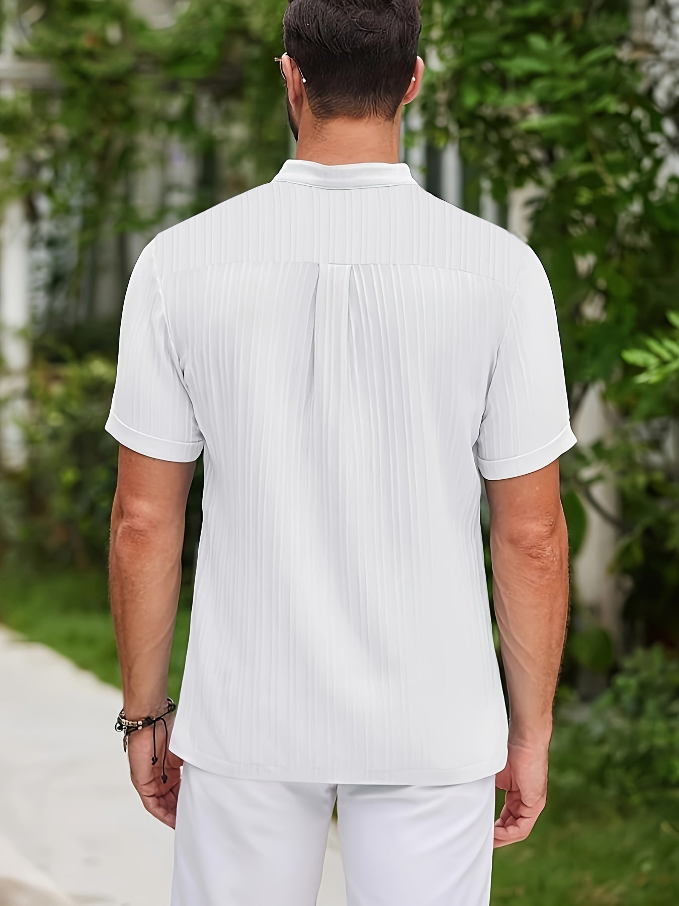 Xenion | Casual Striped Men's Shirt - Short Sleeves, Stand Collar, Non-Elastic