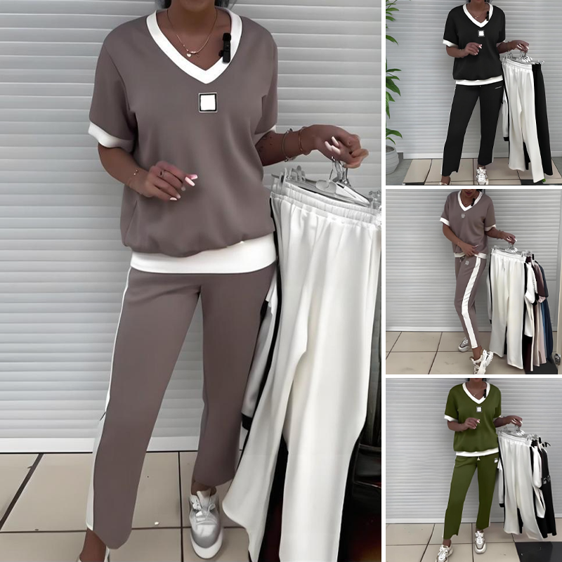Danikae | Casual loungeset met V-hals – Relaxte top en bijpassende broek, comfortabele loungewear-outfit