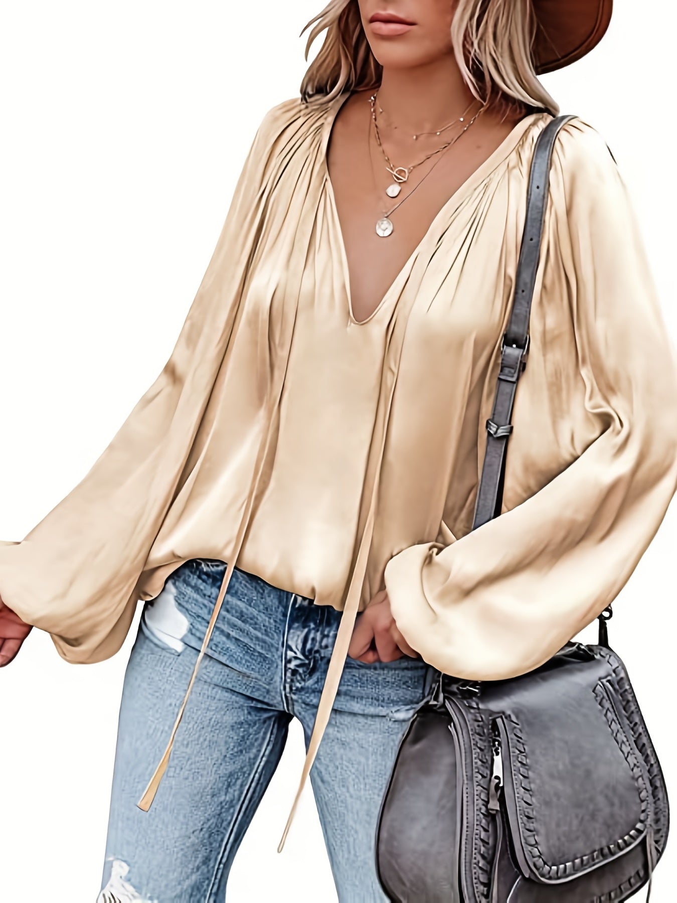 Vaiana | Women's Satin V-Neck Blouse with Lantern Sleeves - Elegant, Loose-Fitting, Dressy Top