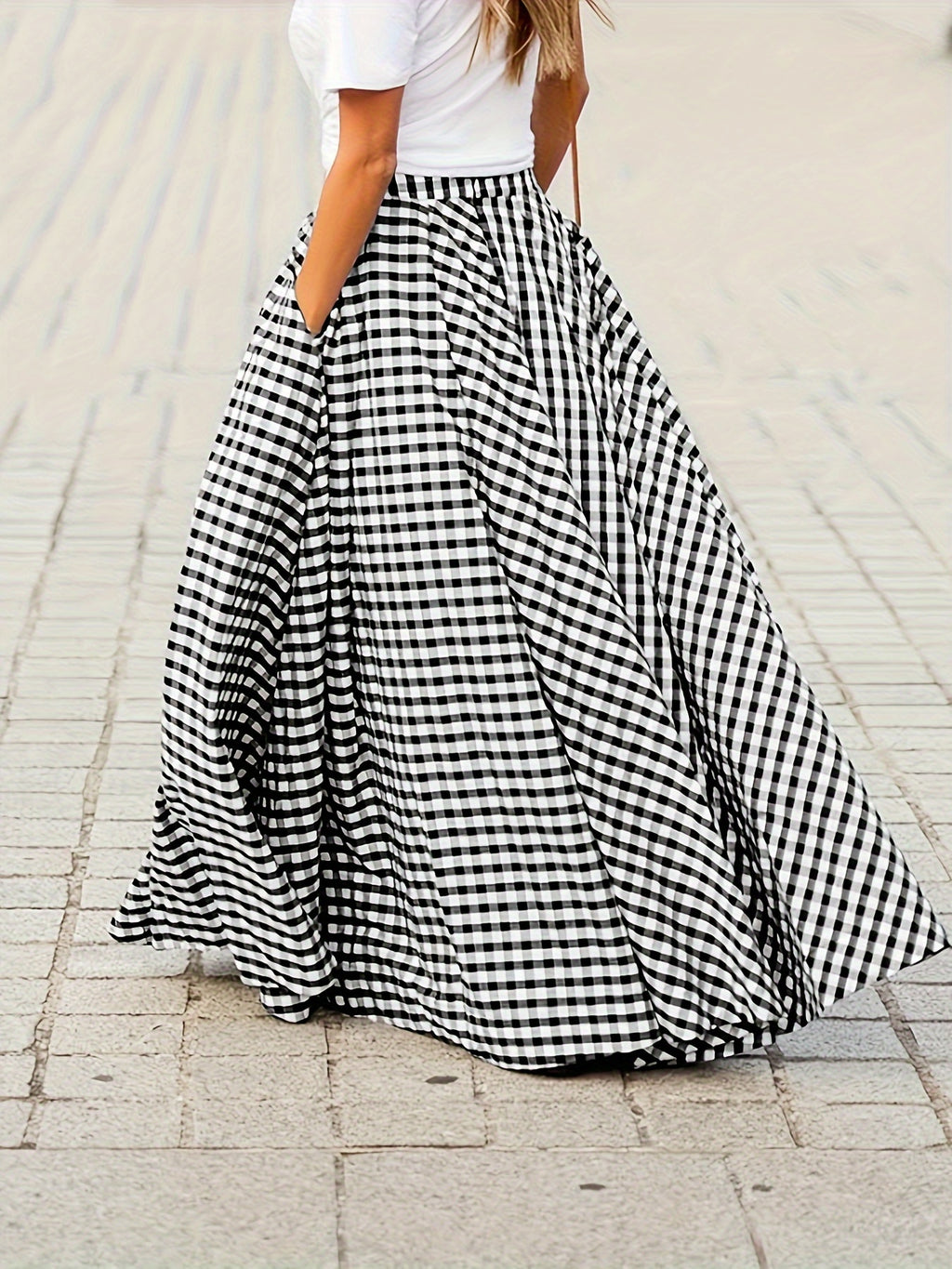 Mirthea | Gingham Midi Skirt for Women - high waist, flowy A-line, elegant and lightweight