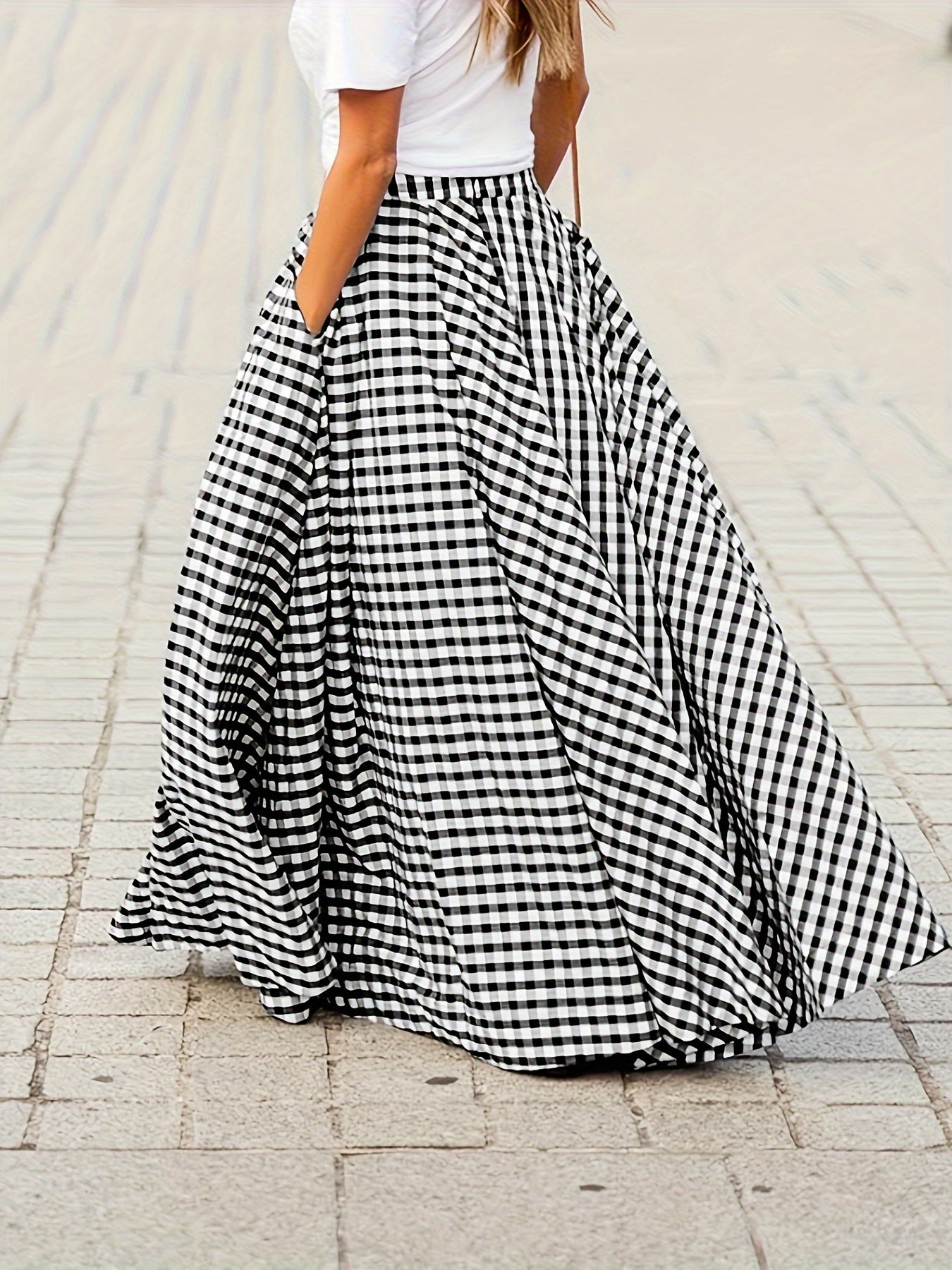 Mirthea | Gingham Midi Skirt for Women - high waist, flowy A-line, elegant and lightweight