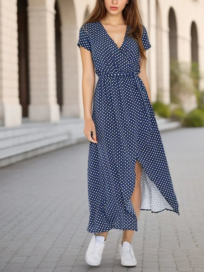Caden - Boho V-hals met korte mouwen en stropdas splitjurk met grafische print