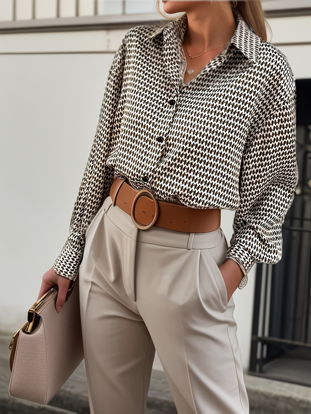 Titania | Women's long-sleeve shirt with geometric print and button placket - Stylish blouse