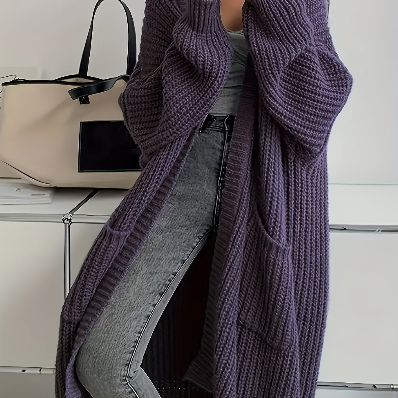 Myvessa | Lang gebreid vest voor dames – open voorkant, oversized, casual trui voor herfst en winter