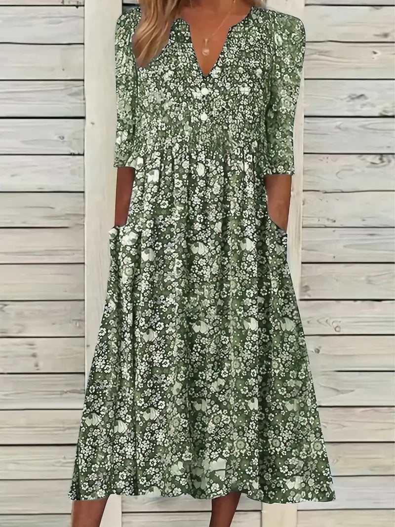Allyn - Blossom Ditsy bloemenprint V-hals jurk met zakken