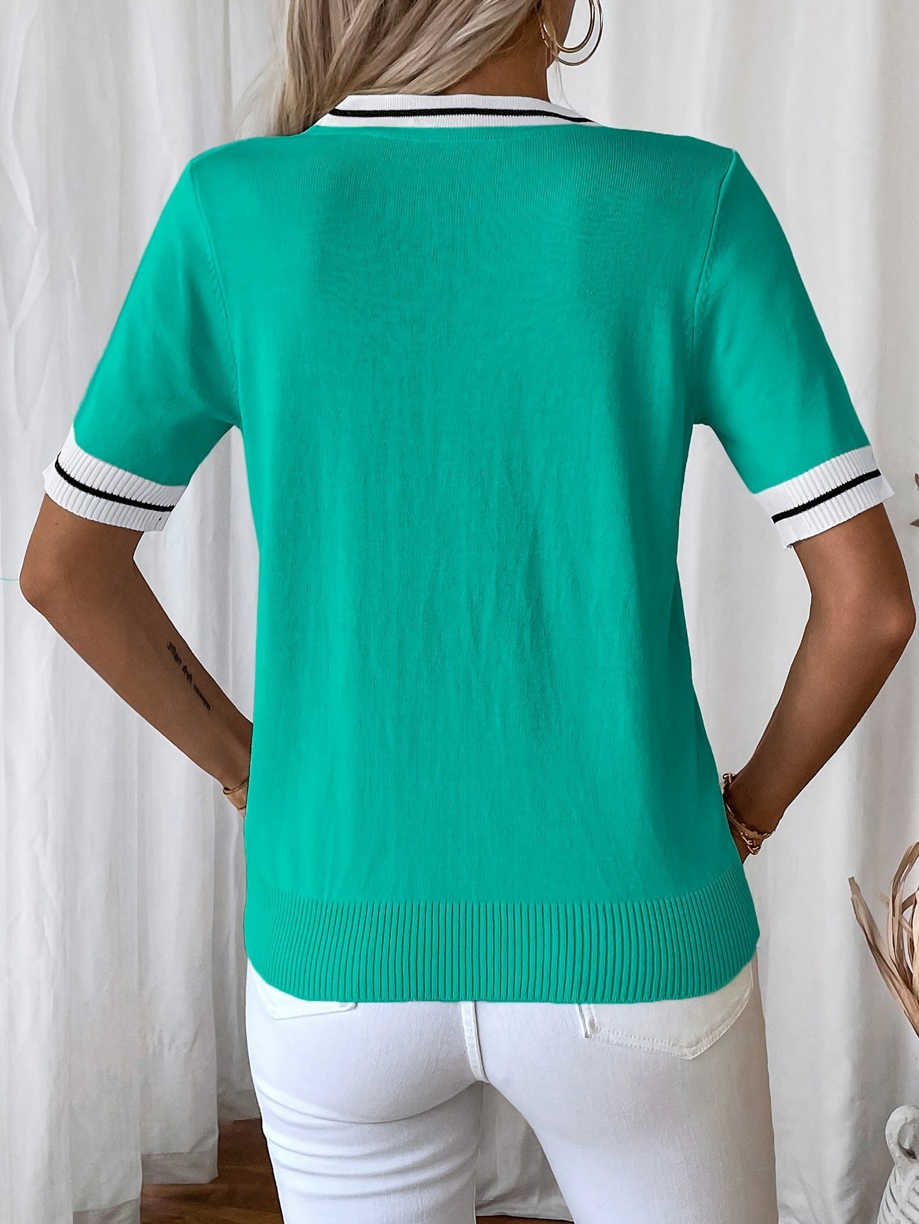 Danika | Casual V-Neck Women's T-Shirt with Tie Detail - Color Block Short Sleeve Top