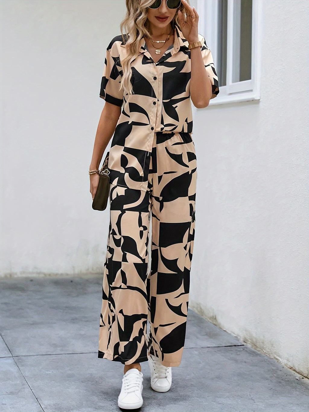 Veyra | Elegant Two-Piece Set with Abstract Print, Button-Up Shirt, and Wide-Leg Pants