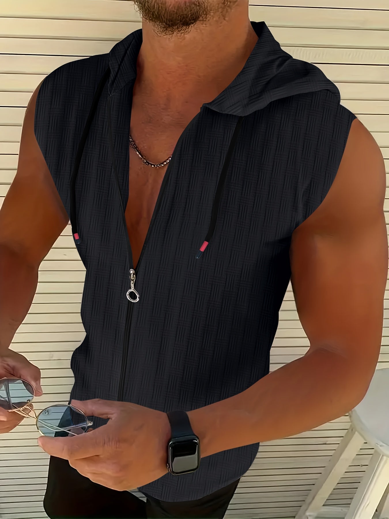 Zeiron | Mouwloos hoodie tanktop met rits voor heren – lichte zomerse gym hoodie vest