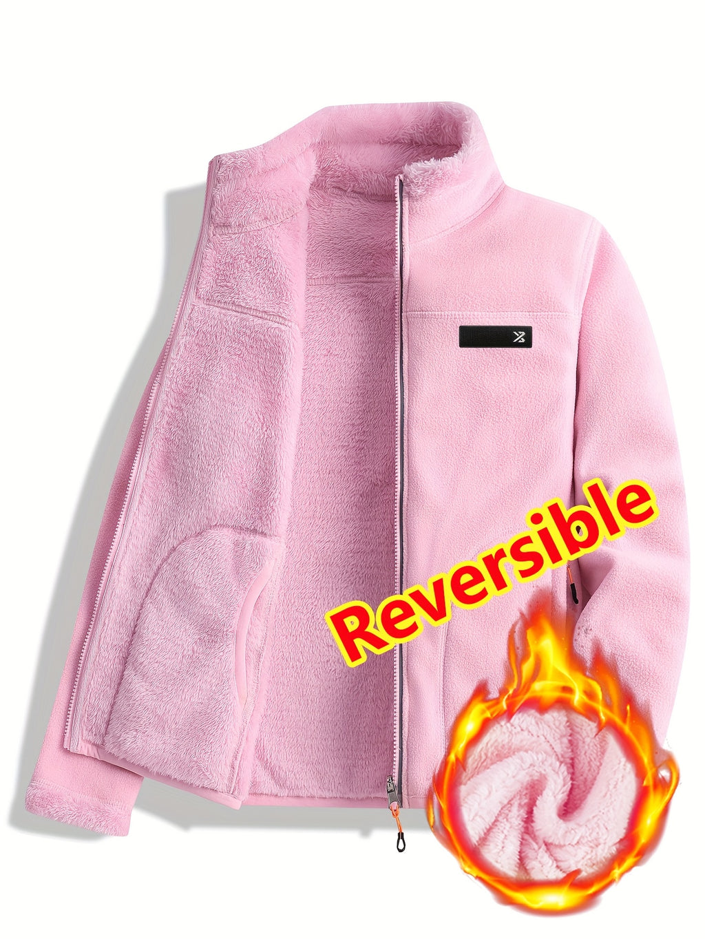 Taisia | Omkeerbaar koraalkleurig fleecejack voor dames – dikke pluche sweaterjas, warme casual winterjas