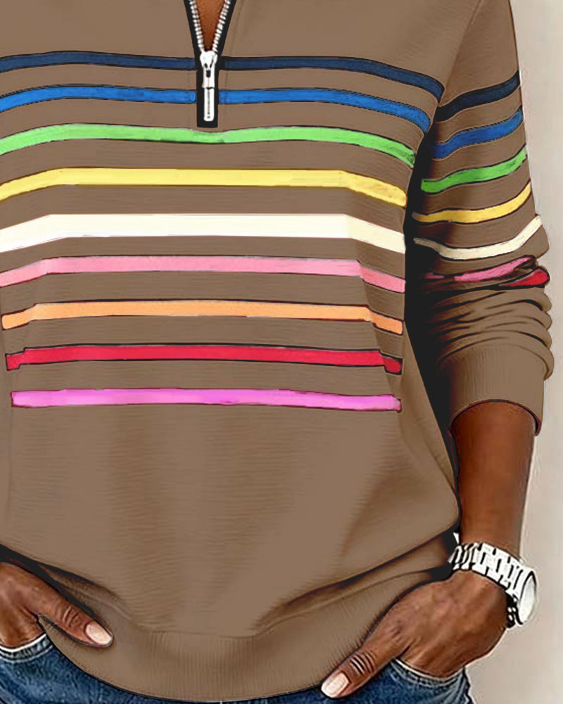 Vayen | Regenboogstreep sweatshirt met halve rits voor dames – Casual pullover, trendy kleurrijke top