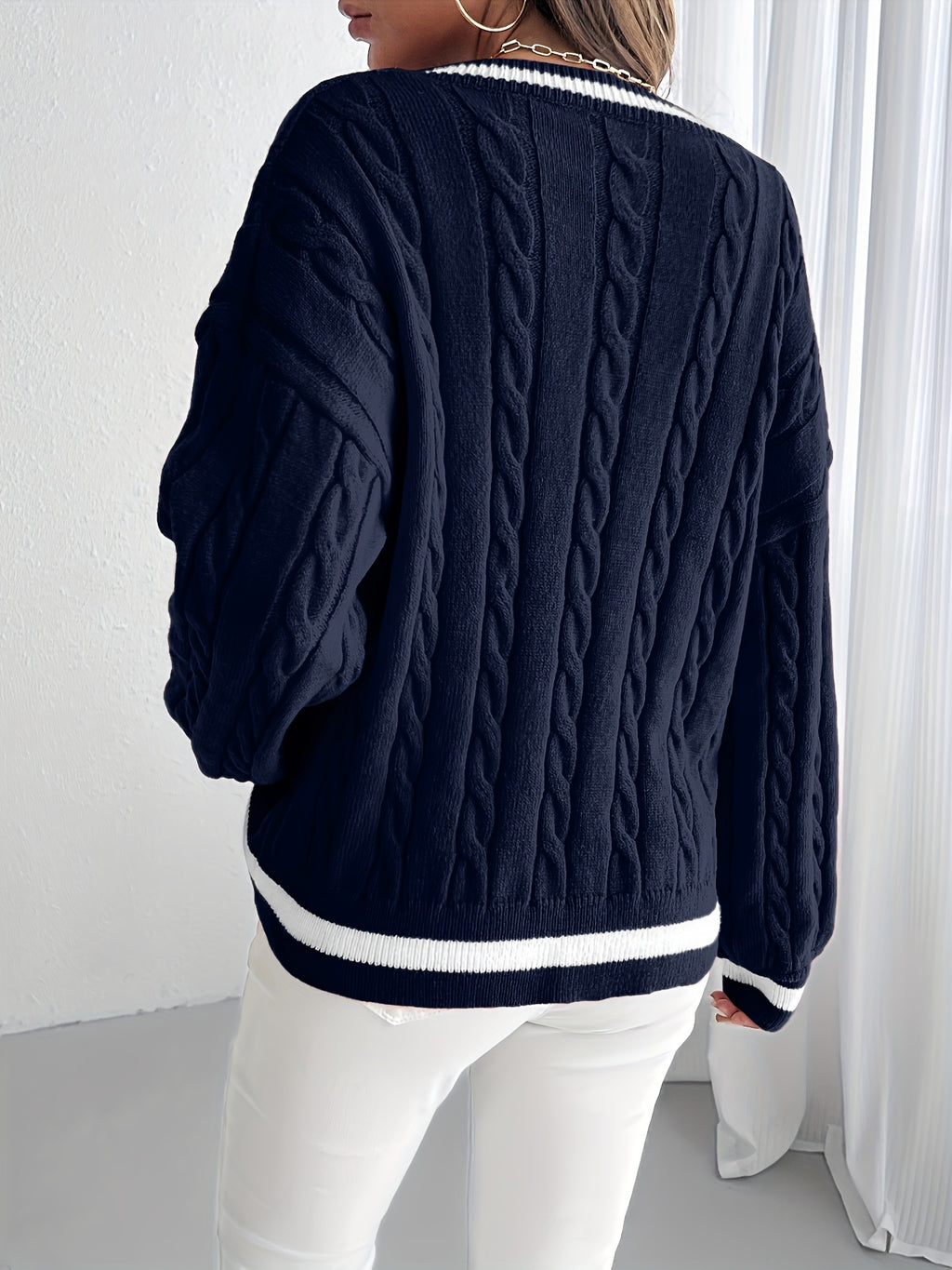 Esther | Elegante gebreide trui met V-hals voor vrouwen - Casual Pullover met lange mouwen, Zachte gebreide kabeltop