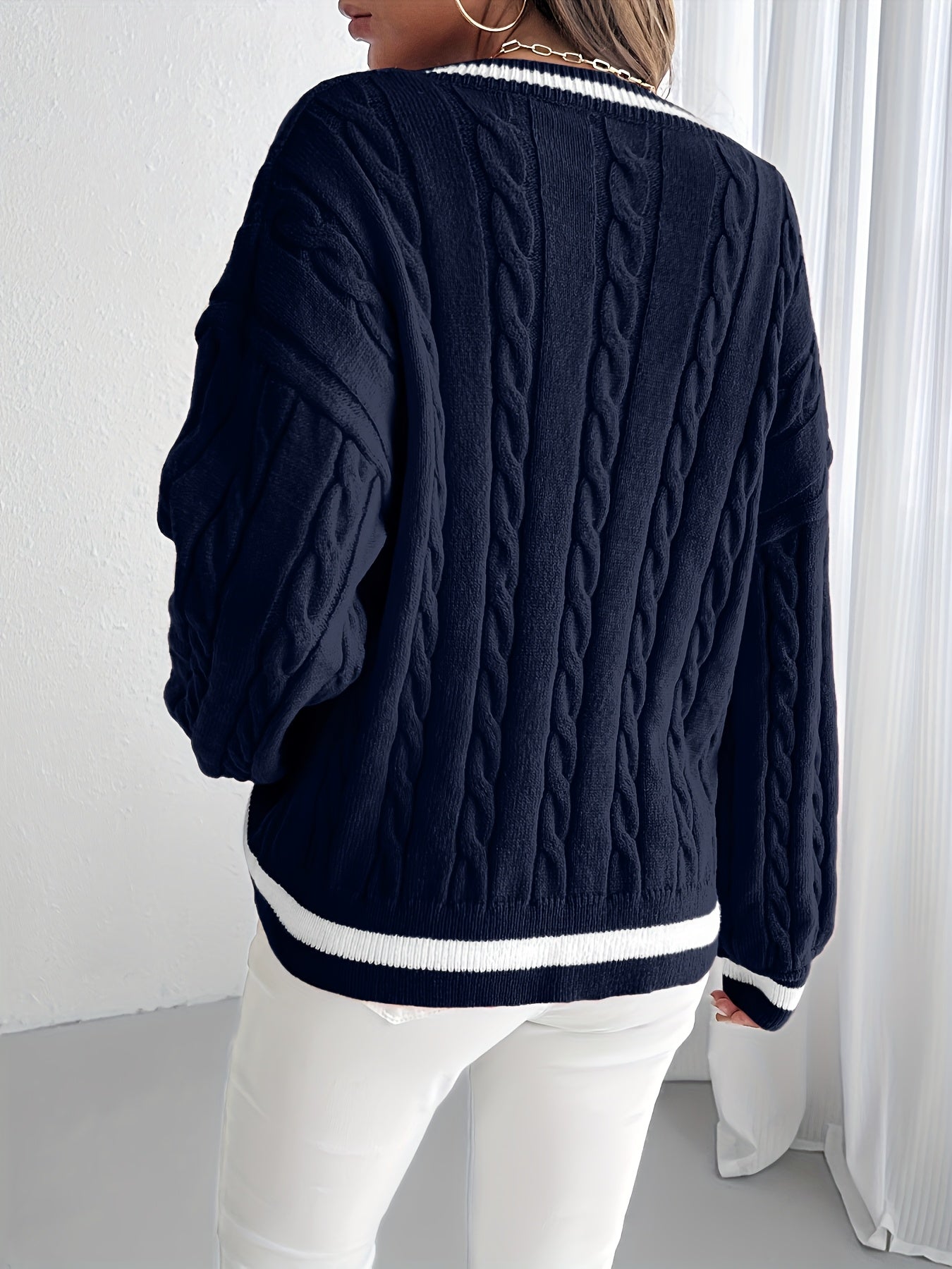 Esther | Elegante gebreide trui met V-hals voor vrouwen - Casual Pullover met lange mouwen, Zachte gebreide kabeltop