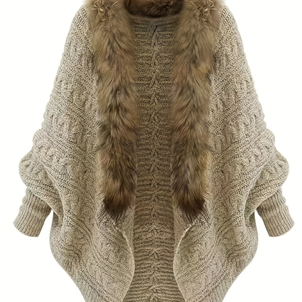 Aemilia | Dikke cape-jas voor dames – met nepbontrand, kabelbreiwerk, warme herfst- en winterjas