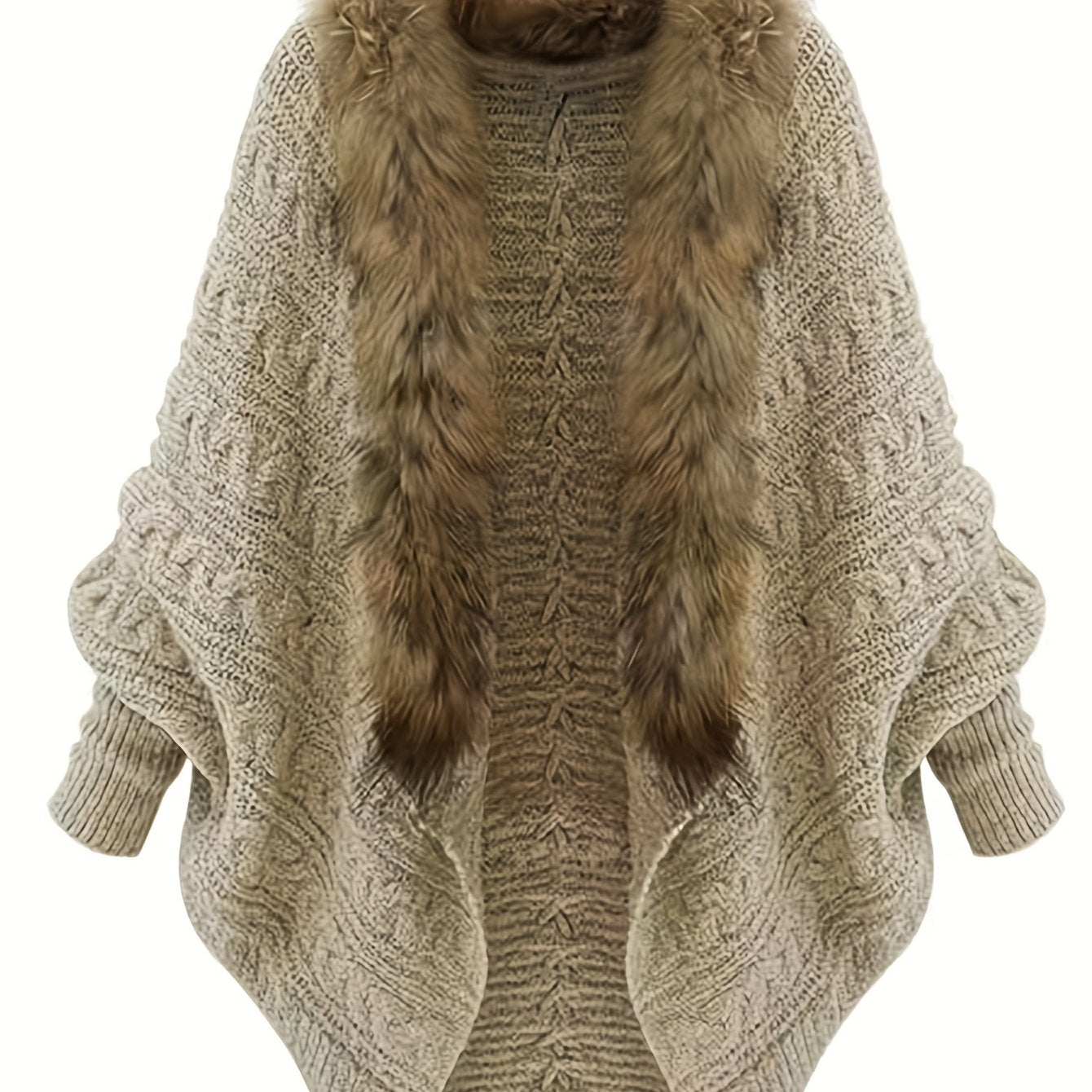 Aemilia | Dikke cape-jas voor dames – met nepbontrand, kabelbreiwerk, warme herfst- en winterjas